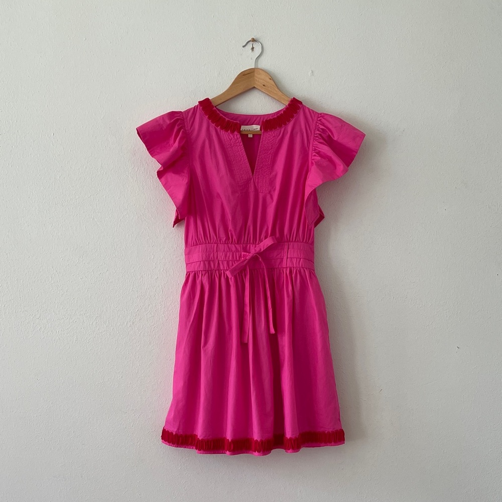 Entro Vneck Ruffle Sleeve Dress Pink Red Ric-Rac